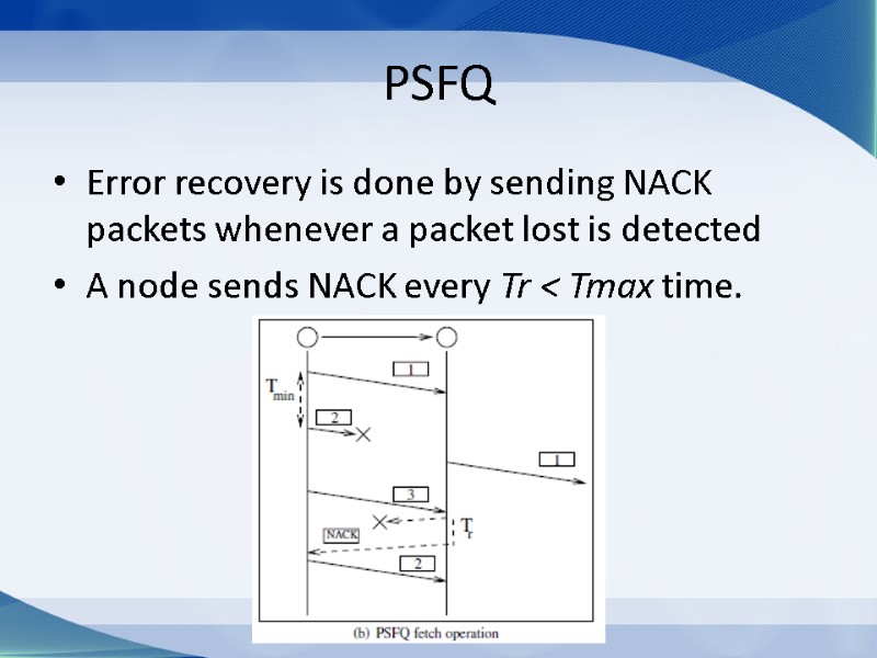 PSFQ Error recovery is done by sending NACK packets whenever a packet lost is